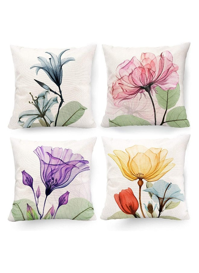 Floral Decorative Pillow Covers 18 x 18 Inches Linen Cushion Cases for Living Room Sofa Patio Outdoor Home Decor Ink Flower Printed Pillowcase for Sofa Bedside Office