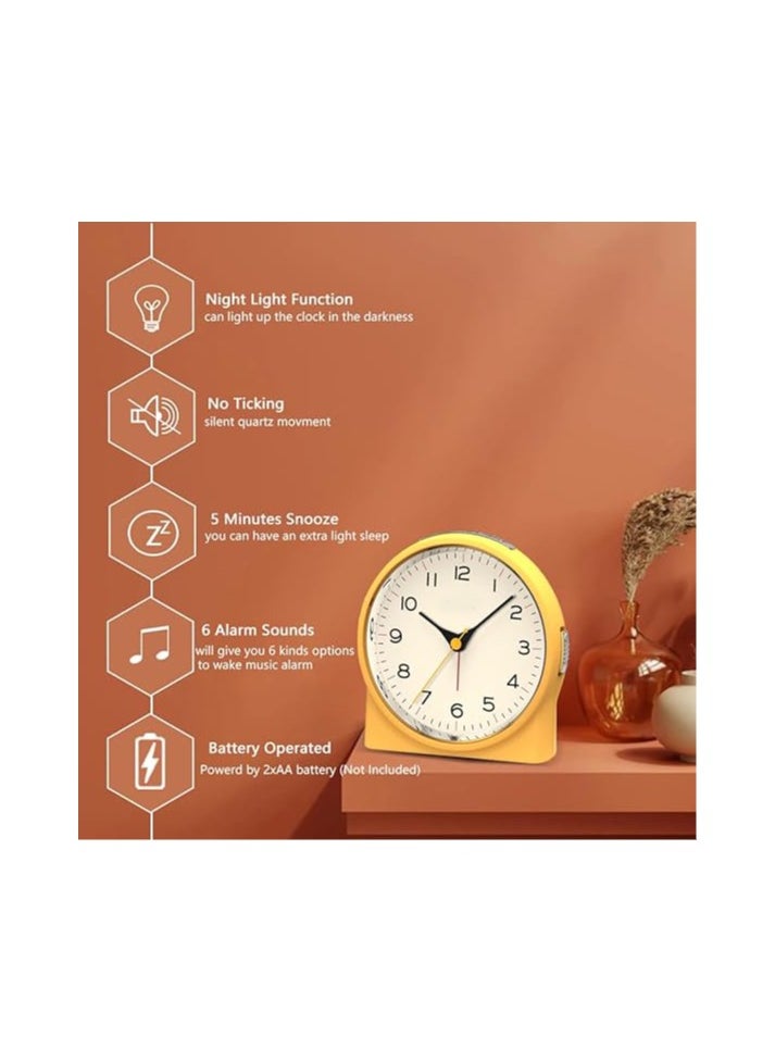 Silent Analog Alarm Clock for Heavy Sleepers - Non-Ticking, Snooze Function, 6 Wake-Up Sounds, Battery Operated, Easy to Set, Ideal Gift for Friends, Lovers, and Children.