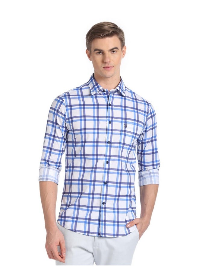 U.S. POLO ASSN. Men's Checkered Regular Fit Shirt (USSHTFX195_Blue and White