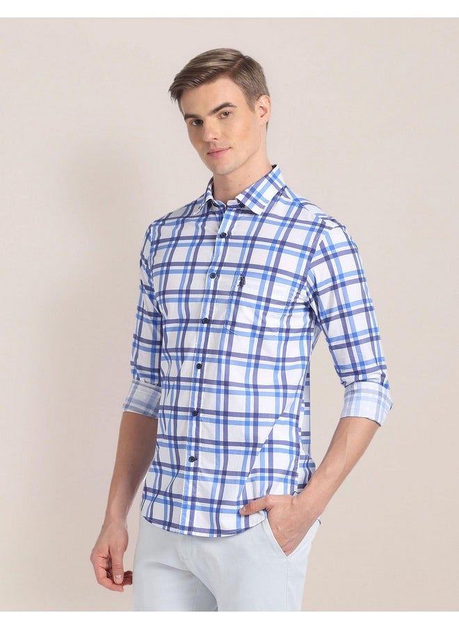 U.S. POLO ASSN. Men's Checkered Regular Fit Shirt (USSHTFX195_Blue and White