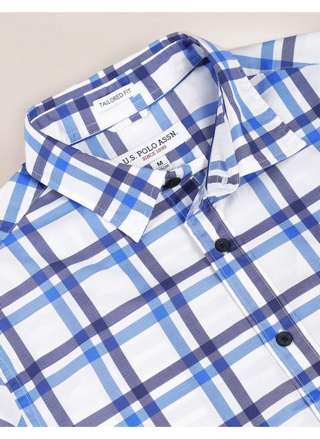 U.S. POLO ASSN. Men's Checkered Regular Fit Shirt (USSHTFX195_Blue and White