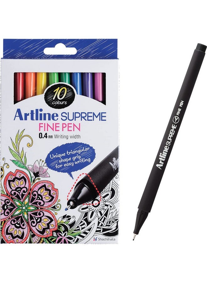 Artline Supreme Series Fine Pen | 0.4 mm Tip Size | Triangular Shape Grip For Easy Writing | Smudge Free, Smooth Writing Pen | Ideal For Sketching, Doodling, Anime, Journal | Set Of 10 Vivid Colors