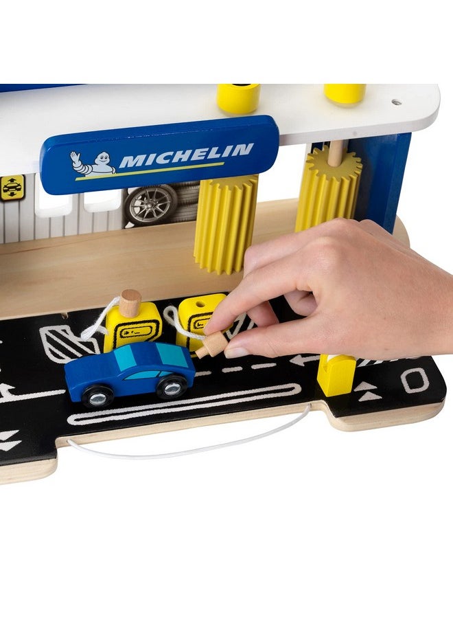 Theo Klein Michelin Car Service Station Kids Wooden Toy Playset with 2 Cars, 2 Fuel Pumps, and Car Wash Station for Ages 3 and Up