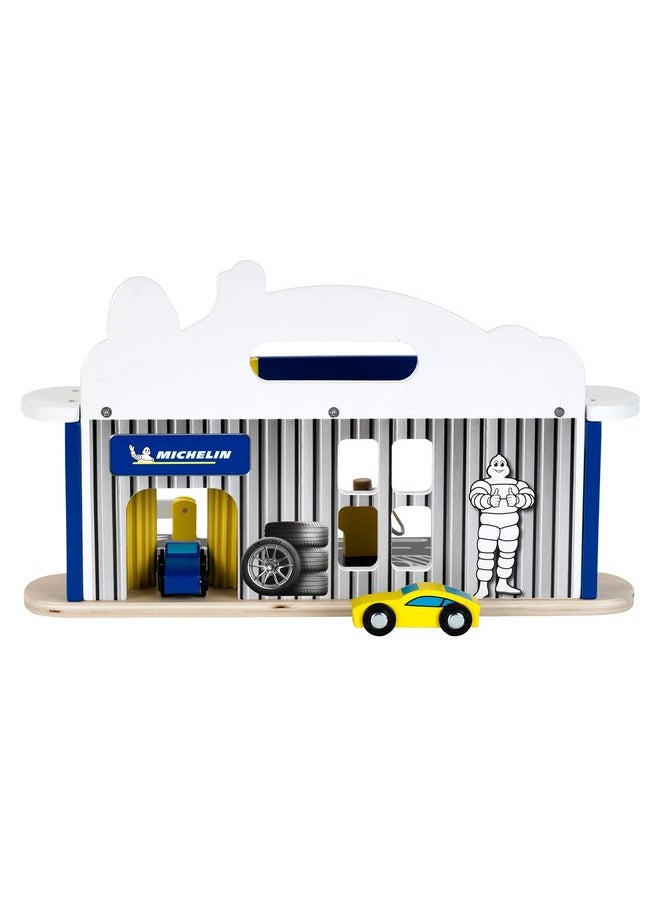 Theo Klein Michelin Car Service Station Kids Wooden Toy Playset with 2 Cars, 2 Fuel Pumps, and Car Wash Station for Ages 3 and Up