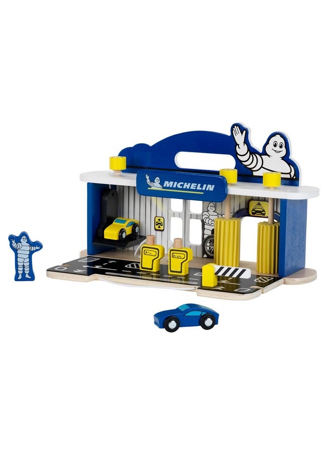 Theo Klein Michelin Car Service Station Kids Wooden Toy Playset with 2 Cars, 2 Fuel Pumps, and Car Wash Station for Ages 3 and Up