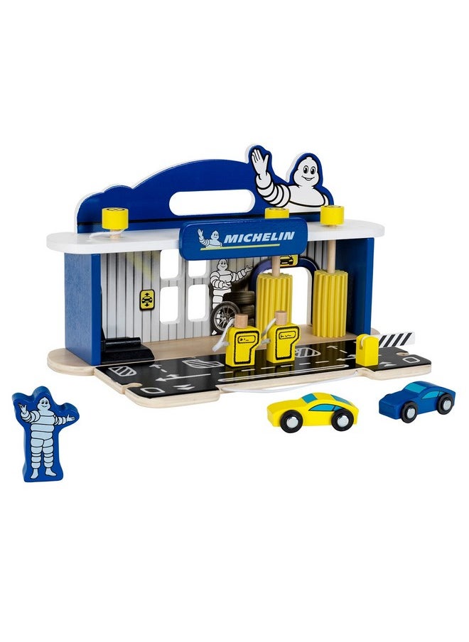 Theo Klein Michelin Car Service Station Kids Wooden Toy Playset with 2 Cars, 2 Fuel Pumps, and Car Wash Station for Ages 3 and Up