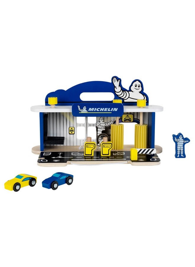 Theo Klein Michelin Car Service Station Kids Wooden Toy Playset with 2 Cars, 2 Fuel Pumps, and Car Wash Station for Ages 3 and Up