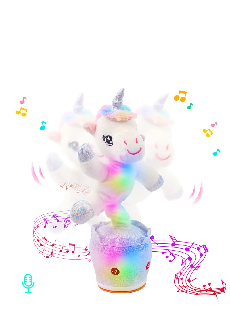Glowing Dancing Unicorn Toy Repeats What You Say Talking Toy Wriggle Singing Mimicking Twisting Electric Light Up Interactive Animated Toy Speaking Gift for Kids, White, 12.5''