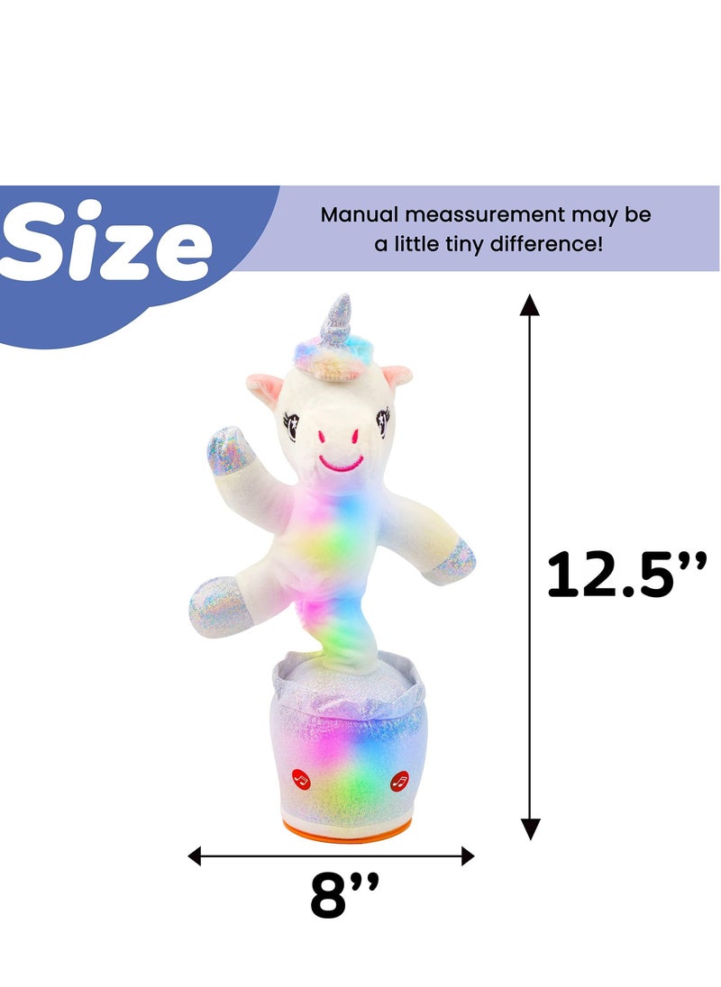 Glowing Dancing Unicorn Toy Repeats What You Say Talking Toy Wriggle Singing Mimicking Twisting Electric Light Up Interactive Animated Toy Speaking Gift for Kids, White, 12.5''