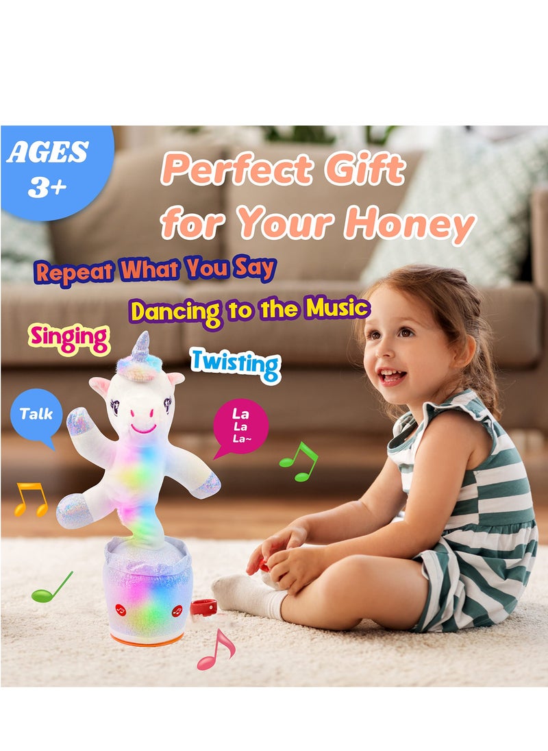 Glowing Dancing Unicorn Toy Repeats What You Say Talking Toy Wriggle Singing Mimicking Twisting Electric Light Up Interactive Animated Toy Speaking Gift for Kids, White, 12.5''