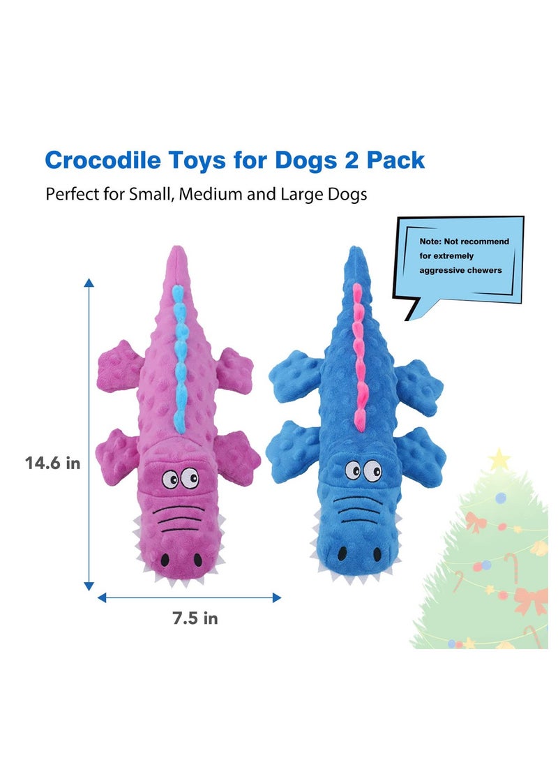2 Pack Plush Dog Squeaky Chew Toys for Teething Puppies Interactive Durable Toys for All Dog Sizes Blue and Purple Crocodiles