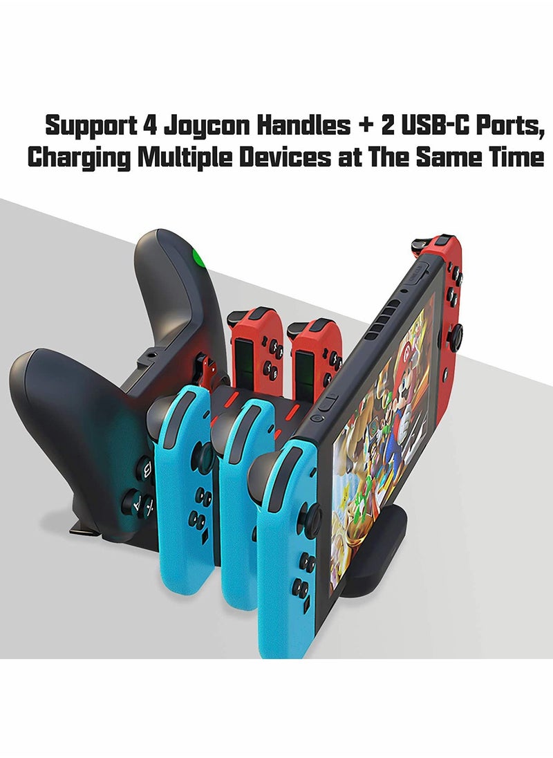 6-in-1 Charging Dock Stand for Nintendo Switch Joy-Con, Type-C USB 2.0 Dock with LED Display, Portable Charger for Joy-Con Controllers, Play and Charge Simultaneously