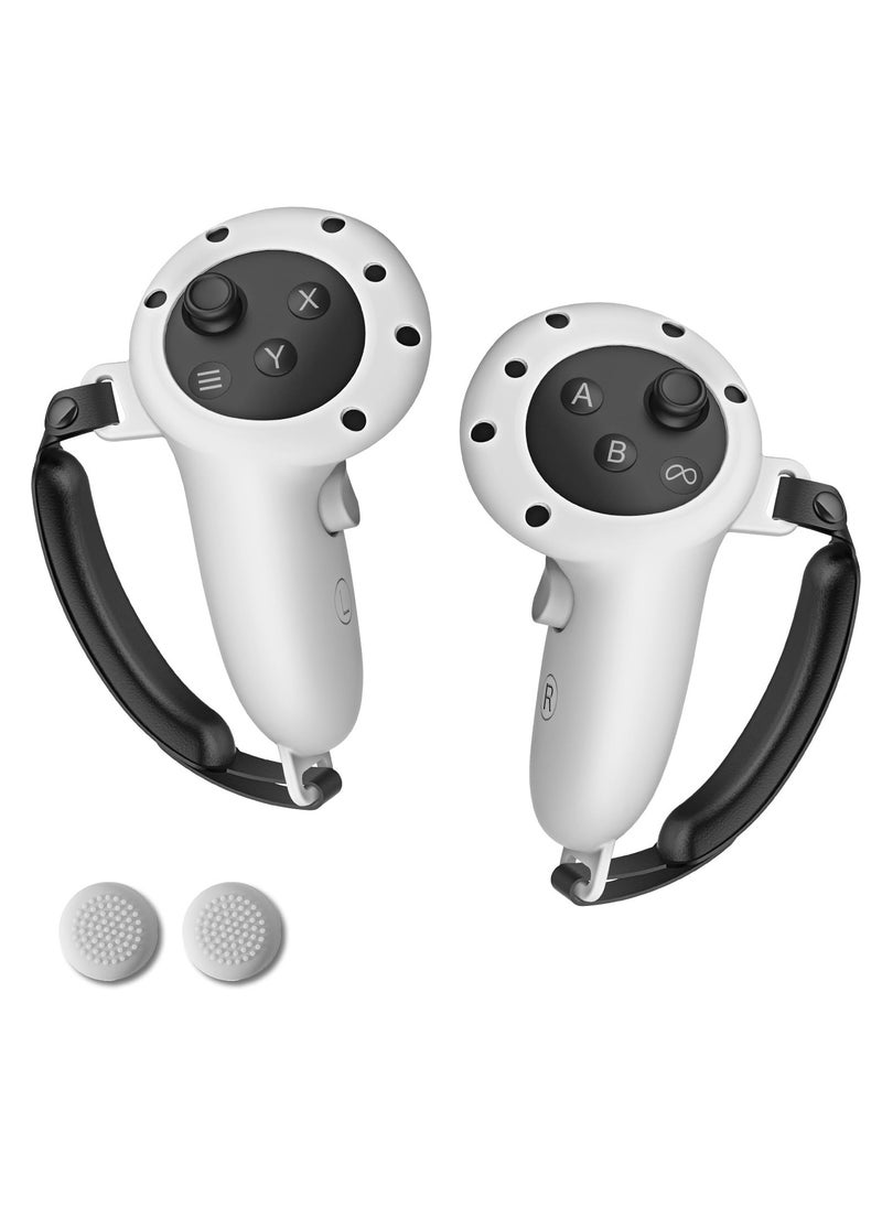 Controller Grips for Oculus Quest 3 Comfortable Silicone Cover with Adjustable Controller Hand Straps 2Pcs Rocker Cap and Joystick Protection Reserve Precise Hole Positions White