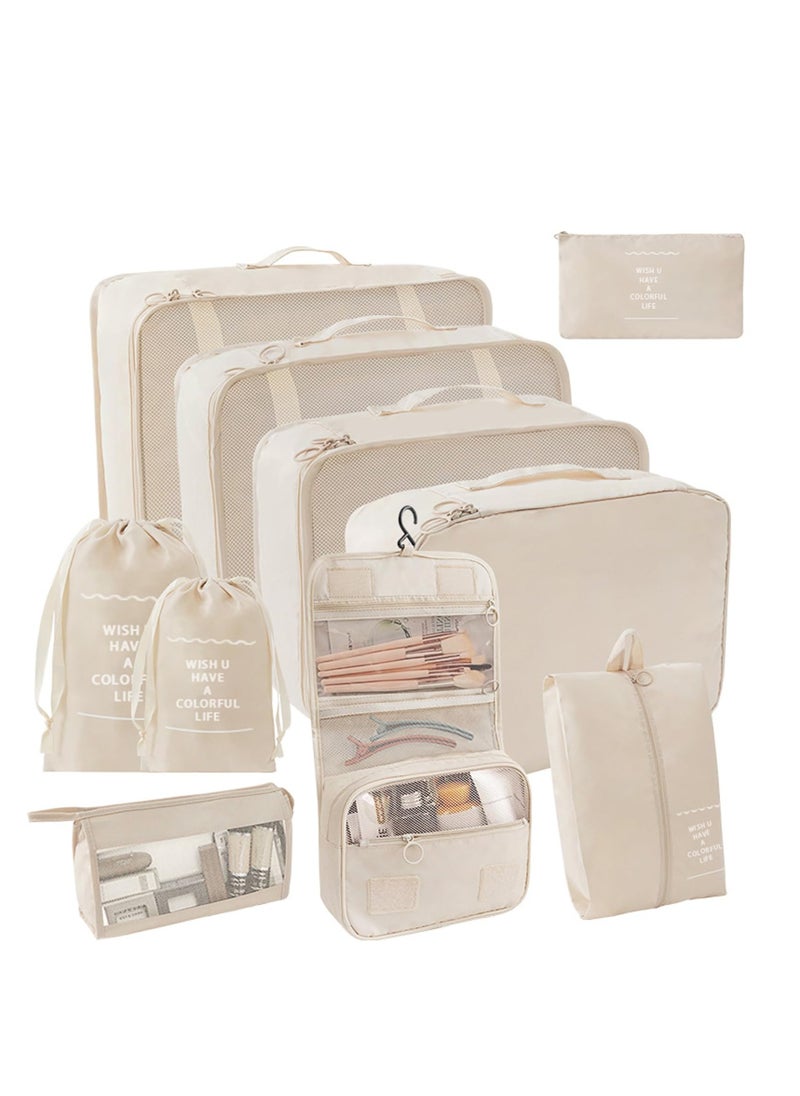 10 Set Packing Cubes for Suitcases, Luggage Organizer Bags for Carry On, Travel Bags Organizer for Luggage, Must Have Travel Essentials for Women and Men (Beige)