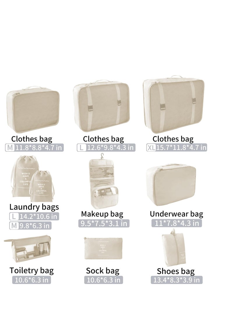 10 Set Packing Cubes for Suitcases, Luggage Organizer Bags for Carry On, Travel Bags Organizer for Luggage, Must Have Travel Essentials for Women and Men (Beige)
