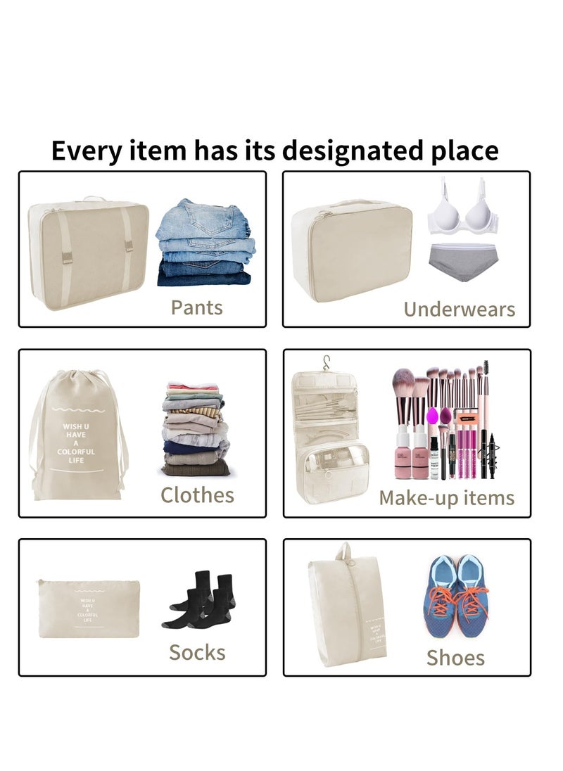 10 Set Packing Cubes for Suitcases, Luggage Organizer Bags for Carry On, Travel Bags Organizer for Luggage, Must Have Travel Essentials for Women and Men (Beige)