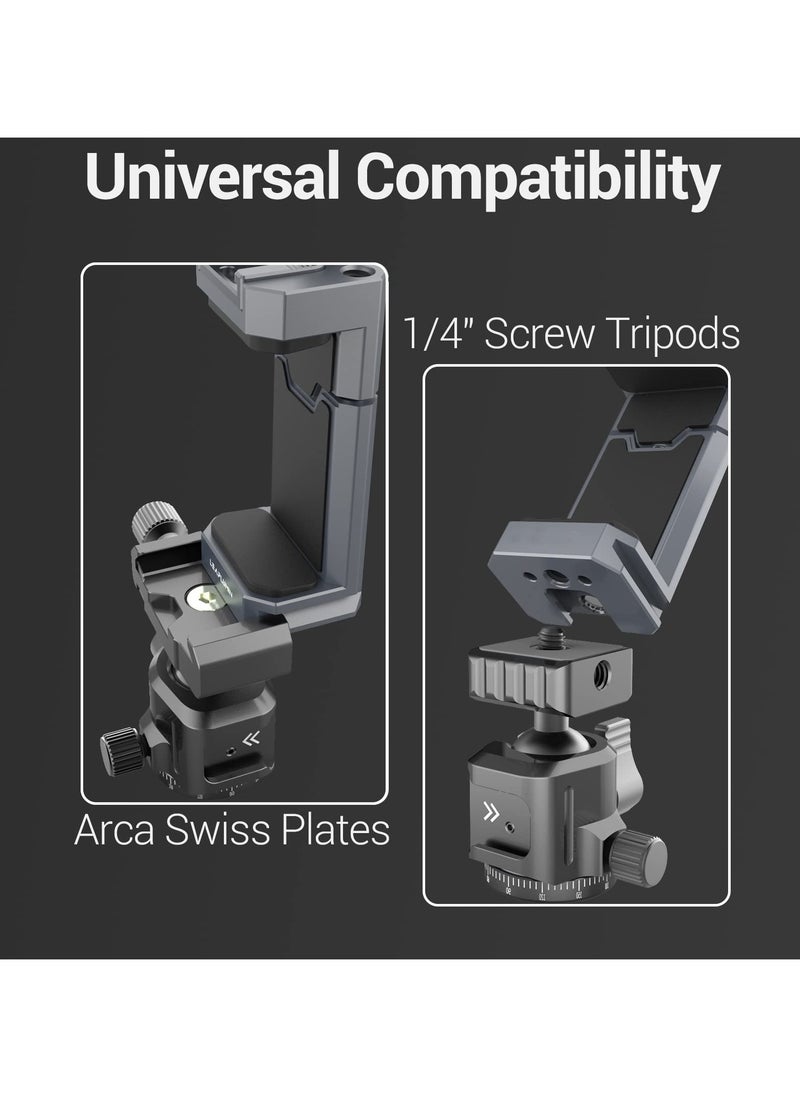 Phone Mount Aluminum for Tripod, Adjustable Phone Tripod Mount with Cold Shoe & Arca Swiss Quick Release Plate,Universal Adjustable Clamp Suitable for iPhone 14 pro/13 Pro/12/11/Samsung