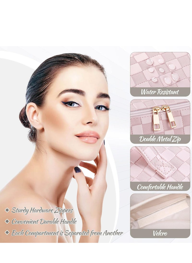 Large Capacity Travel Cosmetic Bag  Makeup Bag PU Leather Waterproof Cosmetic Bag Women Portable Travel Makeup Bag With Handle and Divider Flat Lay Makeup Organizer Bag Z1-Pink