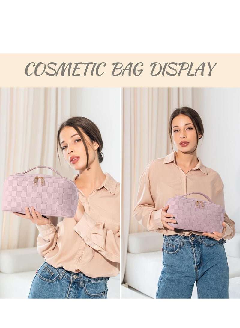 Large Capacity Travel Cosmetic Bag  Makeup Bag PU Leather Waterproof Cosmetic Bag Women Portable Travel Makeup Bag With Handle and Divider Flat Lay Makeup Organizer Bag Z1-Pink
