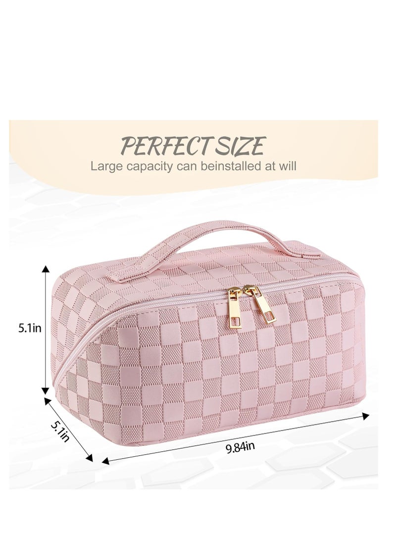 Large Capacity Travel Cosmetic Bag  Makeup Bag PU Leather Waterproof Cosmetic Bag Women Portable Travel Makeup Bag With Handle and Divider Flat Lay Makeup Organizer Bag Z1-Pink