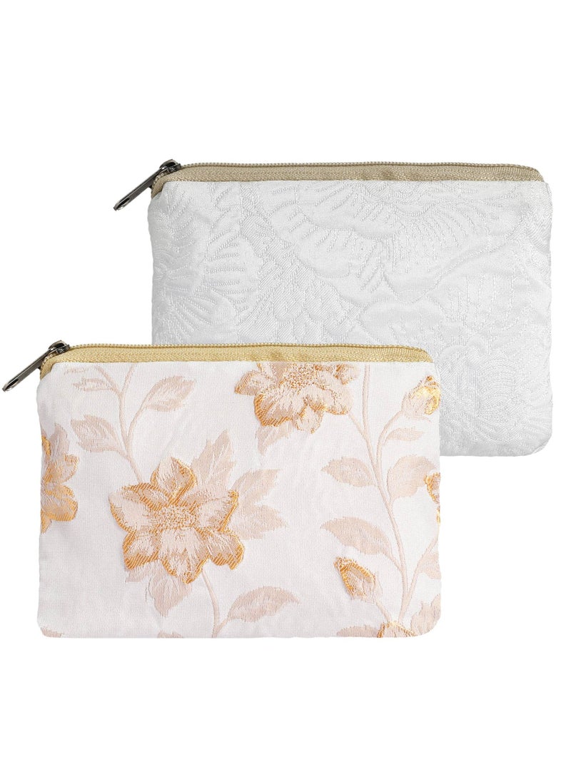 Embroidery Makeup Bag, 2Pcs Soft Floral Makeup Bag, for Purse Pocket Cosmetic Pouch Lipstick Storage Container Portable Zipper Organizer, Portable Toiletry Bag, White & Beige