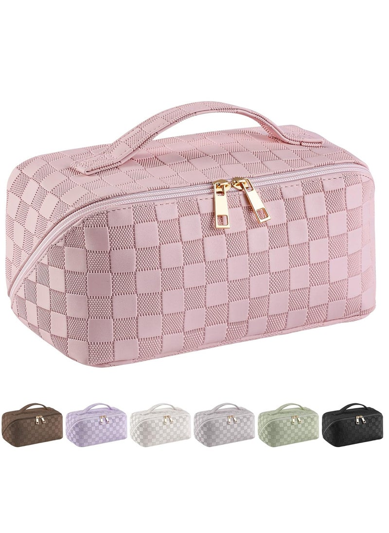 Large Capacity Travel Cosmetic Bag  Makeup Bag PU Leather Waterproof Cosmetic Bag Women Portable Travel Makeup Bag With Handle and Divider Flat Lay Makeup Organizer Bag Z1-Pink
