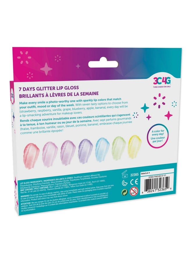 Make It Real 3C4G 7 Days Glitter Lip Gloss - Flavored Lip Gloss Set for Girls - Strawberry, Raspberry, Vanilla and More! - 7 Piece Lip Gloss Kit