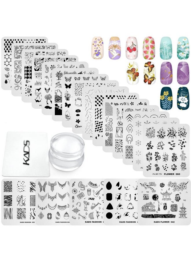 KADS 20pcs Nail Stamp Plates Set Nails Art Stamping Plates Leaves Flowers Animal Nail Plate Template Image Plate (20Pcs + Stamper)