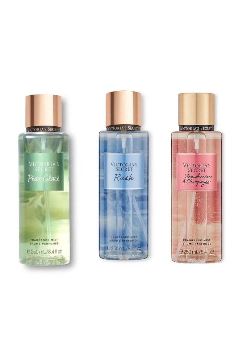 Combo Pack of 3 Body Mists - Rush, Strawberry Champagne & Pear Glace - 250ml Each (Total 750ml)