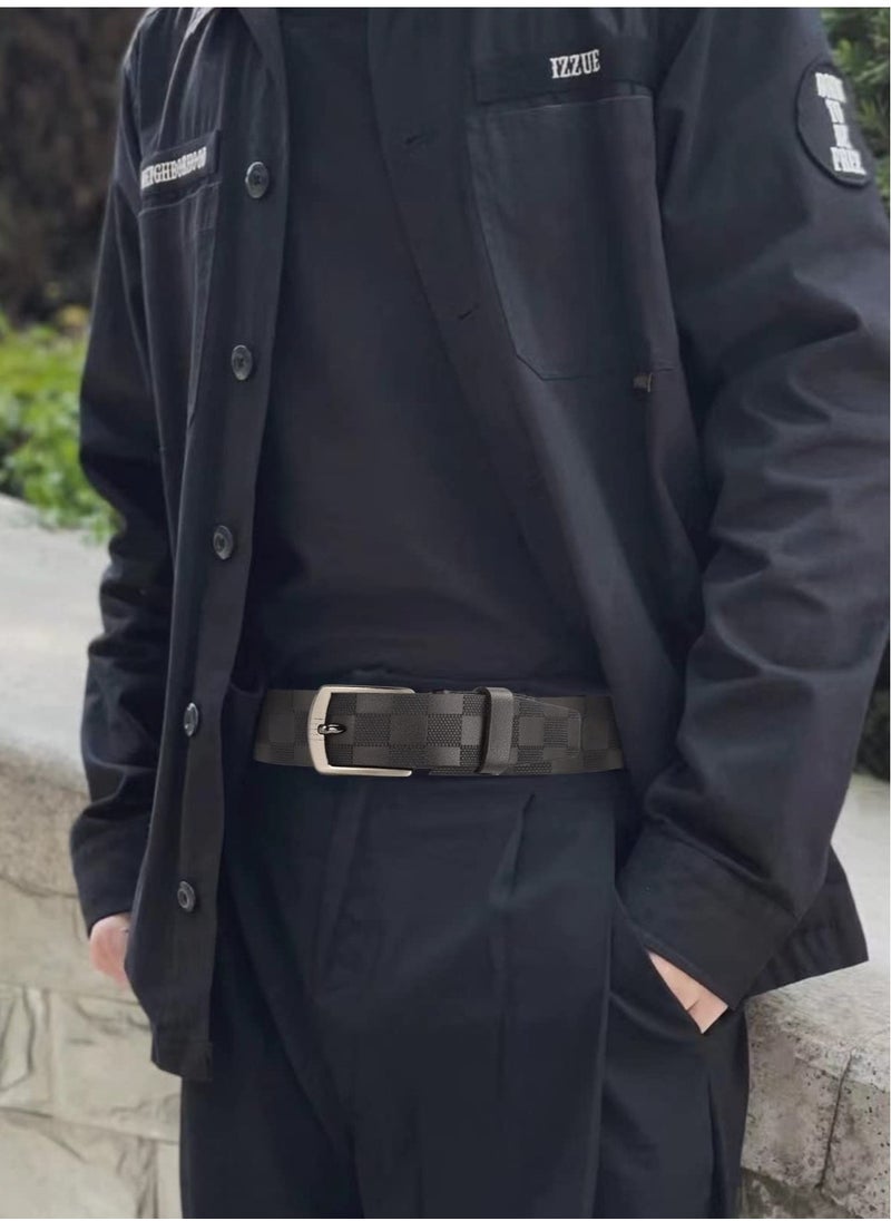 Mens Leather Belt Checkerboard Embossed Genuine Leather Belt Adjustable Belts For Jeans Pants Suits Casual Dress Belts