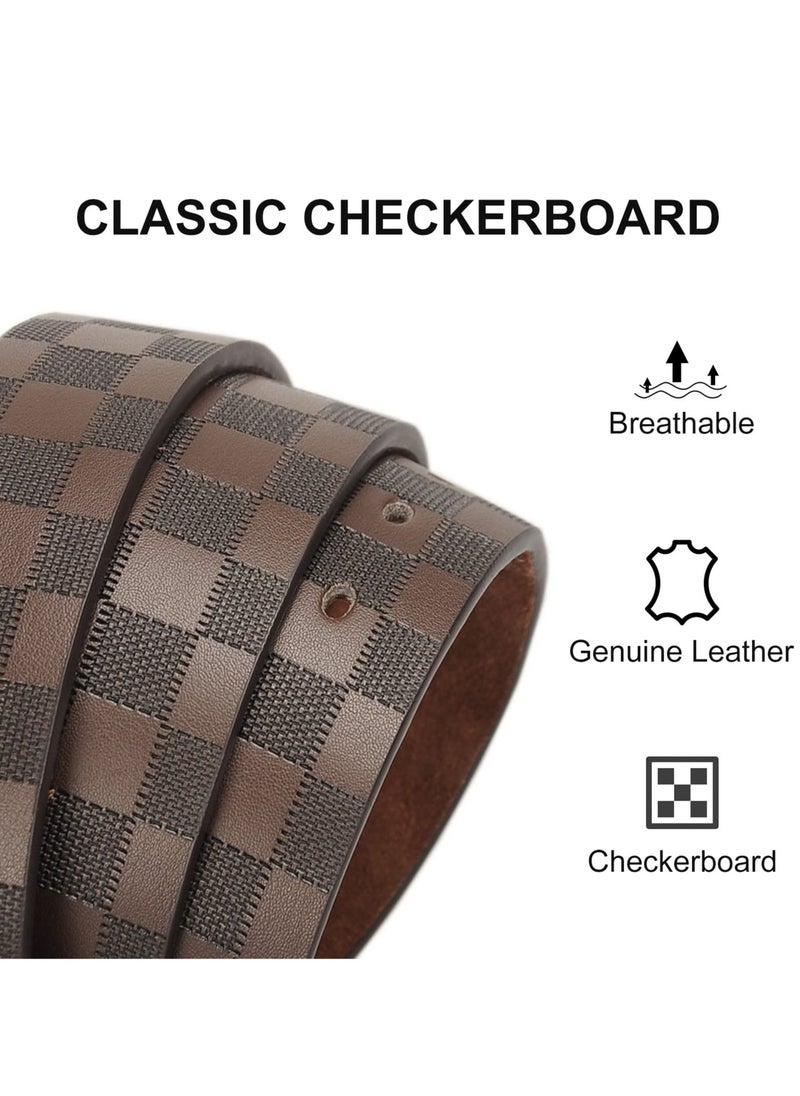 Mens Leather Belt Checkerboard Embossed Genuine Leather Belt Adjustable Belts For Jeans Pants Suits Casual Dress Belts