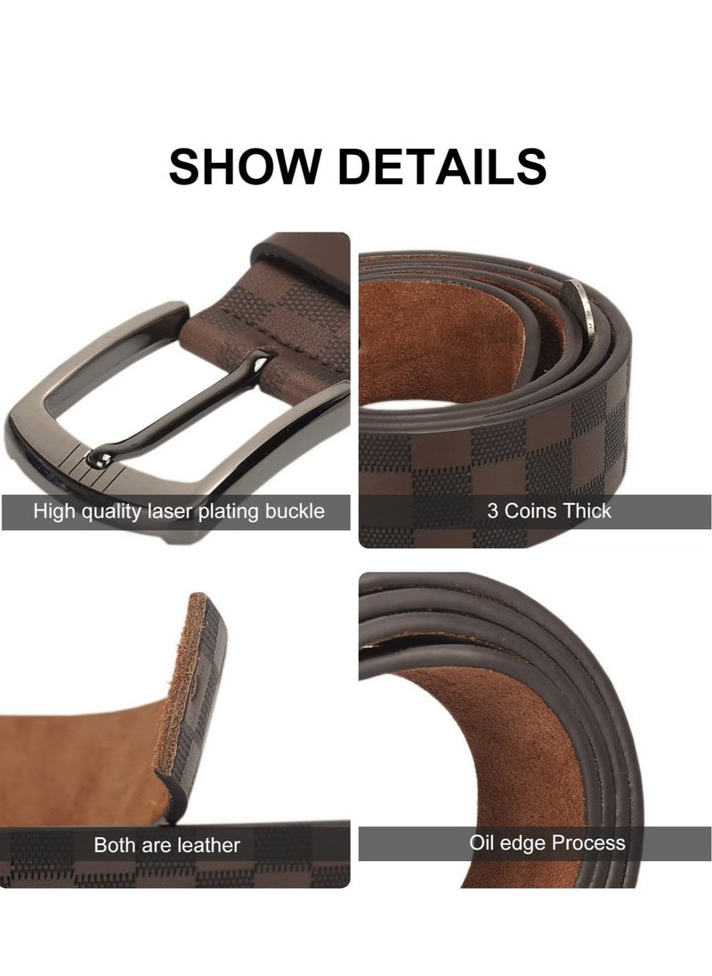 Mens Leather Belt Checkerboard Embossed Genuine Leather Belt Adjustable Belts For Jeans Pants Suits Casual Dress Belts