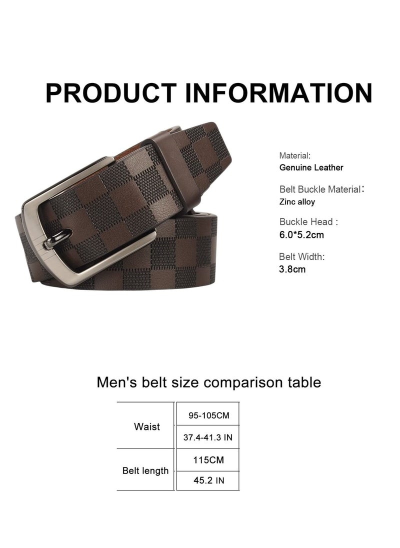Mens Leather Belt Checkerboard Embossed Genuine Leather Belt Adjustable Belts For Jeans Pants Suits Casual Dress Belts
