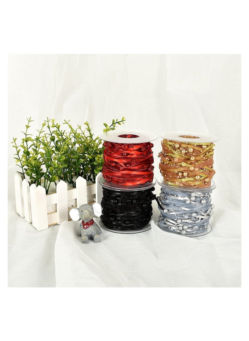11 Yards Red Beads Chain Ribbon Artificial Pearls String Beads Sheer Chiffon Satin 3 Strings Style for Garland Wedding Party Crafts Decoration Gift Wrapping Valen tine's Day Bouquet Packaging