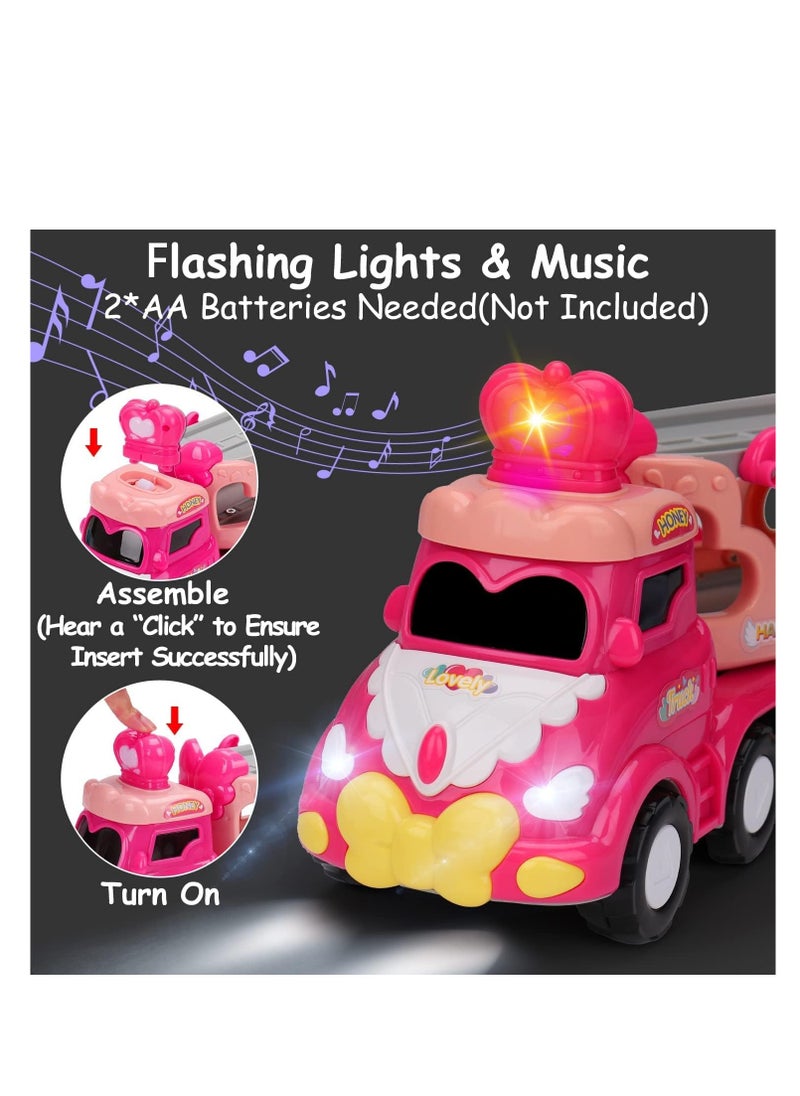 5 in 1 Transport Toy Trucks for Toddlers with Lights Music Pink Princess Car Toys for 1 2 3 4 Year Old Girls Carrier Truck Vehicle Little Toddler Girl Toy