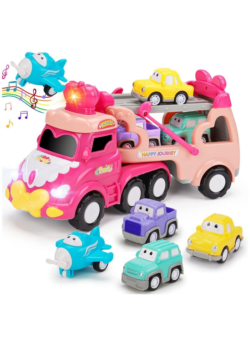 5 in 1 Transport Toy Trucks for Toddlers with Lights Music Pink Princess Car Toys for 1 2 3 4 Year Old Girls Carrier Truck Vehicle Little Toddler Girl Toy