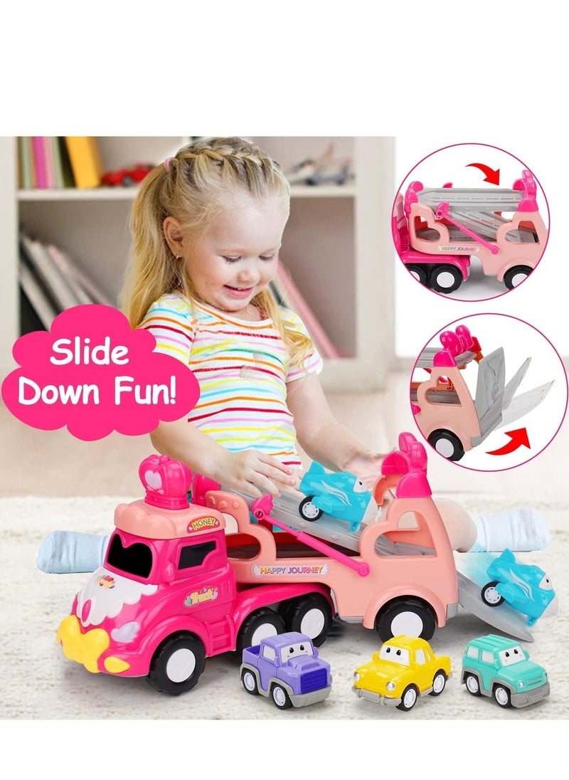 5 in 1 Transport Toy Trucks for Toddlers with Lights Music Pink Princess Car Toys for 1 2 3 4 Year Old Girls Carrier Truck Vehicle Little Toddler Girl Toy