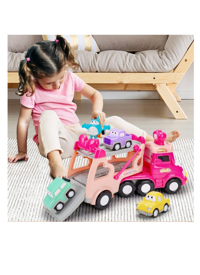 5 in 1 Transport Toy Trucks for Toddlers with Lights Music Pink Princess Car Toys for 1 2 3 4 Year Old Girls Carrier Truck Vehicle Little Toddler Girl Toy