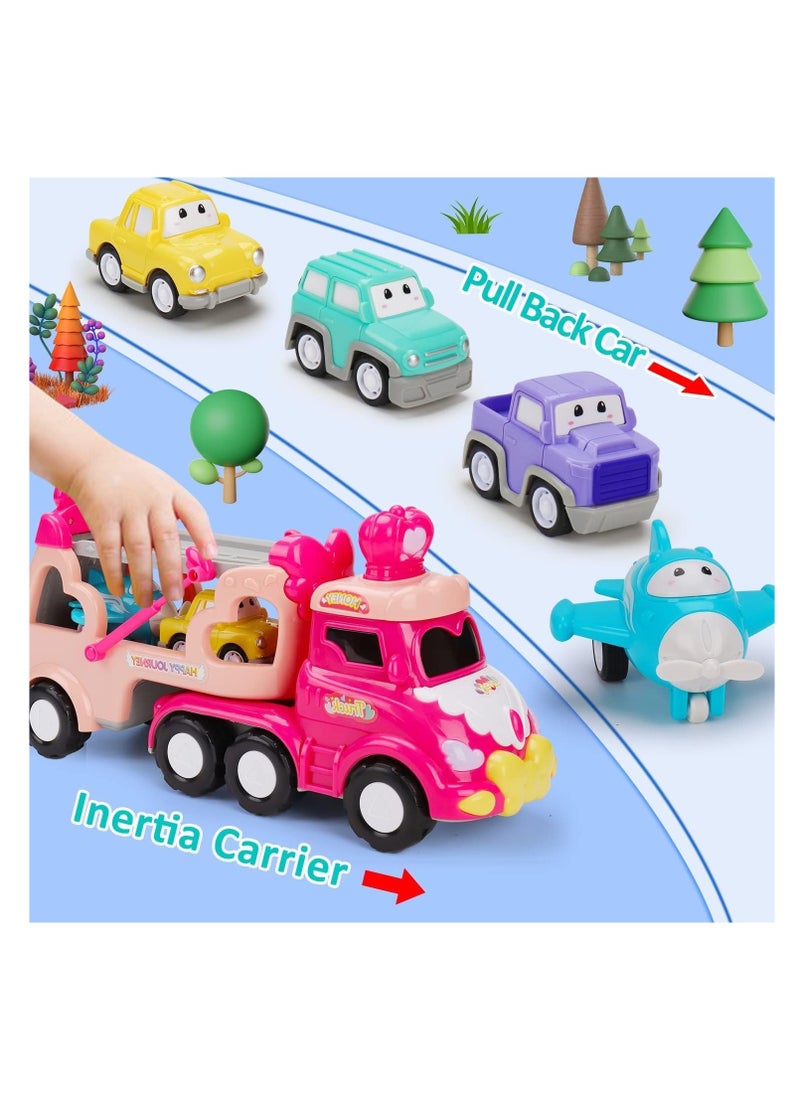5 in 1 Transport Toy Trucks for Toddlers with Lights Music Pink Princess Car Toys for 1 2 3 4 Year Old Girls Carrier Truck Vehicle Little Toddler Girl Toy