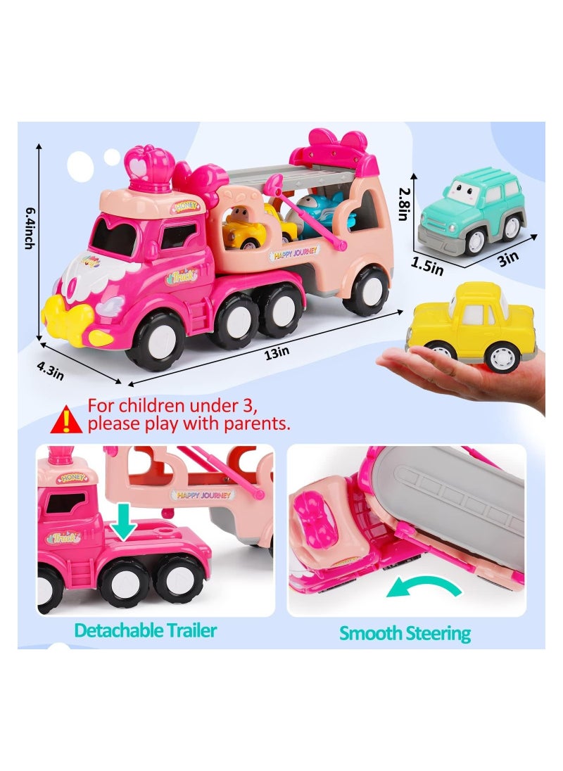 5 in 1 Transport Toy Trucks for Toddlers with Lights Music Pink Princess Car Toys for 1 2 3 4 Year Old Girls Carrier Truck Vehicle Little Toddler Girl Toy