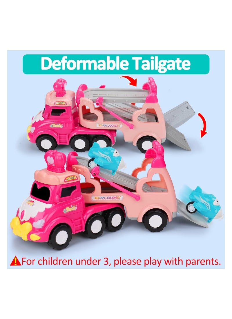 5 in 1 Transport Toy Trucks for Toddlers with Lights Music Pink Princess Car Toys for 1 2 3 4 Year Old Girls Carrier Truck Vehicle Little Toddler Girl Toy