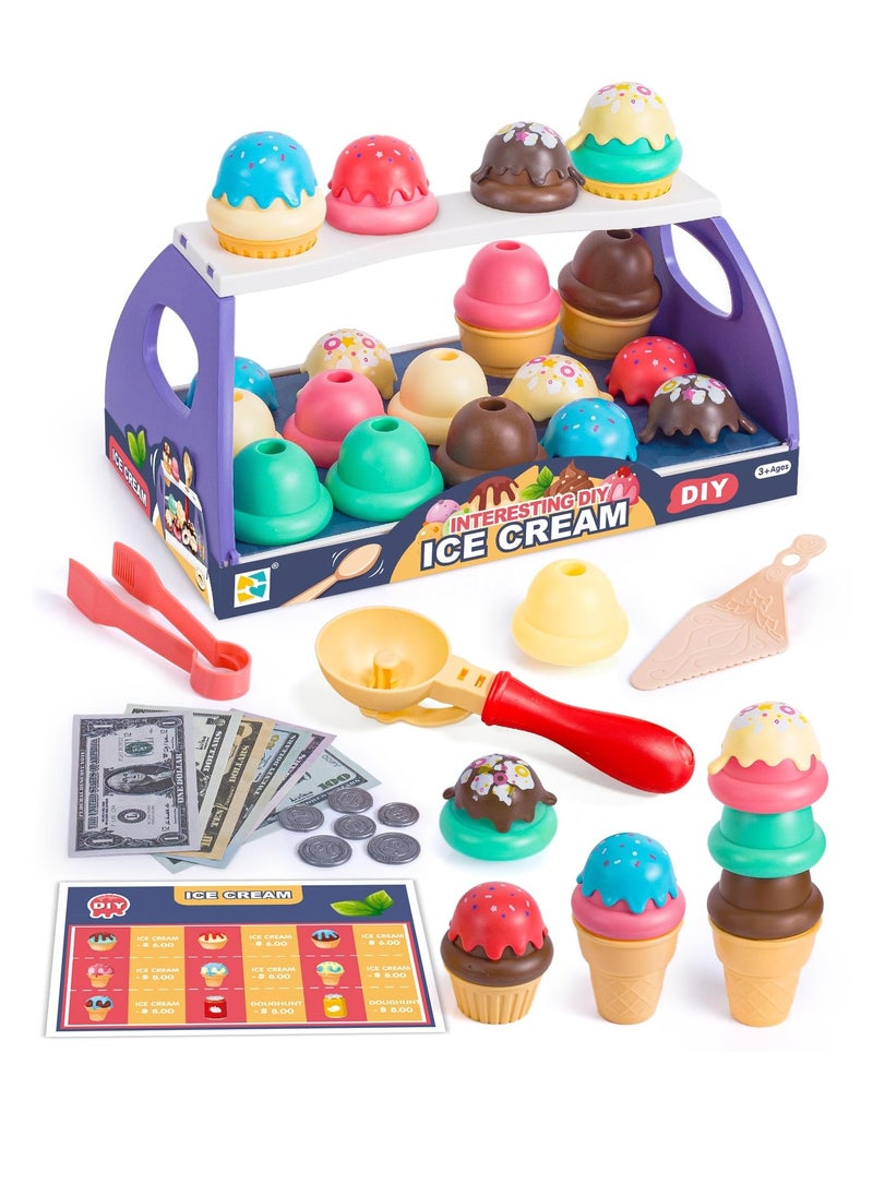 Serve Ice Cream Counter Toy Ice Cream Toy Play Set for Kids Toddler Ice Cream Counter Shop 39 Pcs Educational Pretend Play Food and Accessories Great Gift for 3 4 5 6 Year Old Girl or Boy