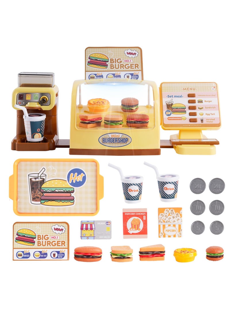 Toy Cash Register for Kids Play Cash Register Toys Play Store with Coffee Machine Hamburger Sandwich Hot Dog Egg Tart Play Money Play Food Pretend Play Set Fast Food Gifts for Girls Boys Kids Ages 3+