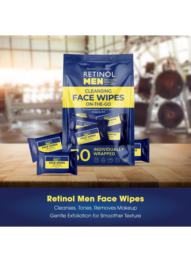 Retinol Mens Individually Wrapped wipes, travel essentials for Work, Gym & On the Go - Large Wet Wipes for face + body, Fresh and clean, with micellar water & Vitamin A-C-E - 30 single facial wipes