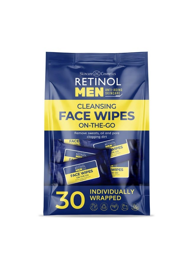 Retinol Mens Individually Wrapped wipes, travel essentials for Work, Gym & On the Go - Large Wet Wipes for face + body, Fresh and clean, with micellar water & Vitamin A-C-E - 30 single facial wipes