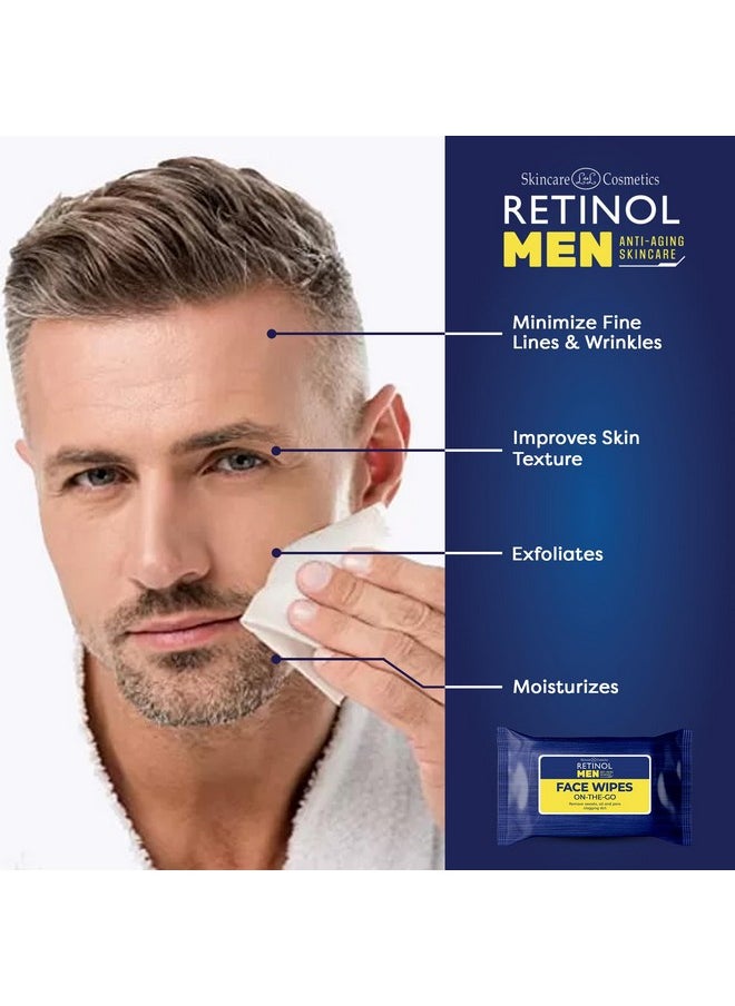 Retinol Mens Individually Wrapped wipes, travel essentials for Work, Gym & On the Go - Large Wet Wipes for face + body, Fresh and clean, with micellar water & Vitamin A-C-E - 30 single facial wipes