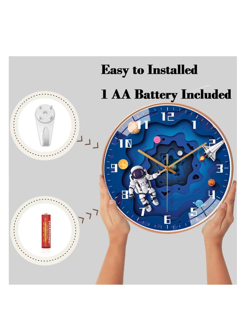 SYOSI Kids Wall Clock, 12 Inch Silent Movement Round Clock, Battery Operated Space Travel Style Decor Children Clock for Boys (Blue)