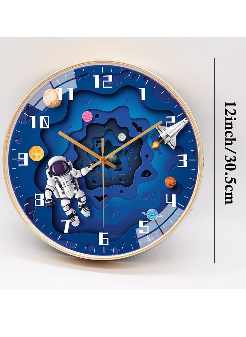 SYOSI Kids Wall Clock, 12 Inch Silent Movement Round Clock, Battery Operated Space Travel Style Decor Children Clock for Boys (Blue)