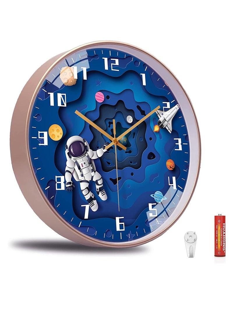 SYOSI Kids Wall Clock, 12 Inch Silent Movement Round Clock, Battery Operated Space Travel Style Decor Children Clock for Boys (Blue)