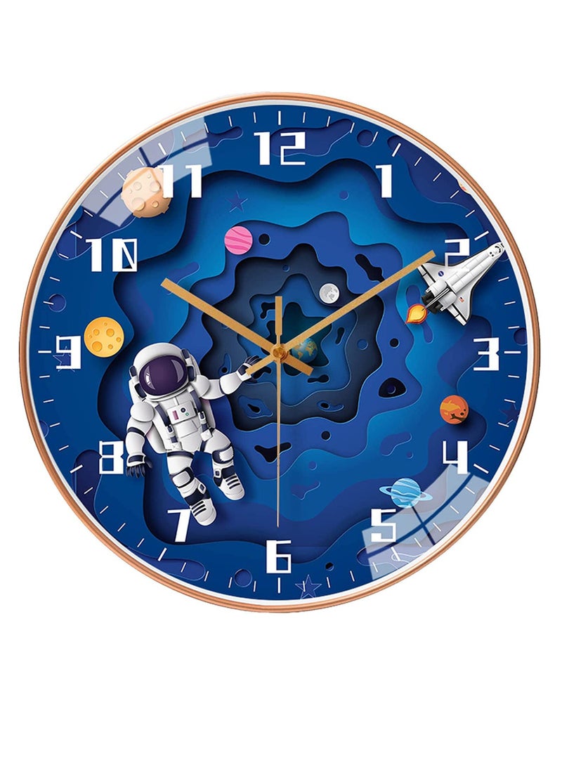 SYOSI Kids Wall Clock, 12 Inch Silent Movement Round Clock, Battery Operated Space Travel Style Decor Children Clock for Boys (Blue)